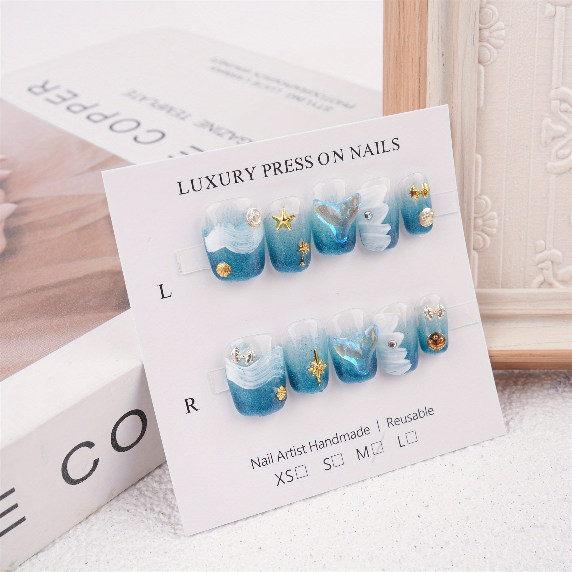 Summer Ocean Style Blue Short Coffin Press on Nails, Mermaid Pearl Stars Reusable Coffin Manicure, Birthday Party Gift