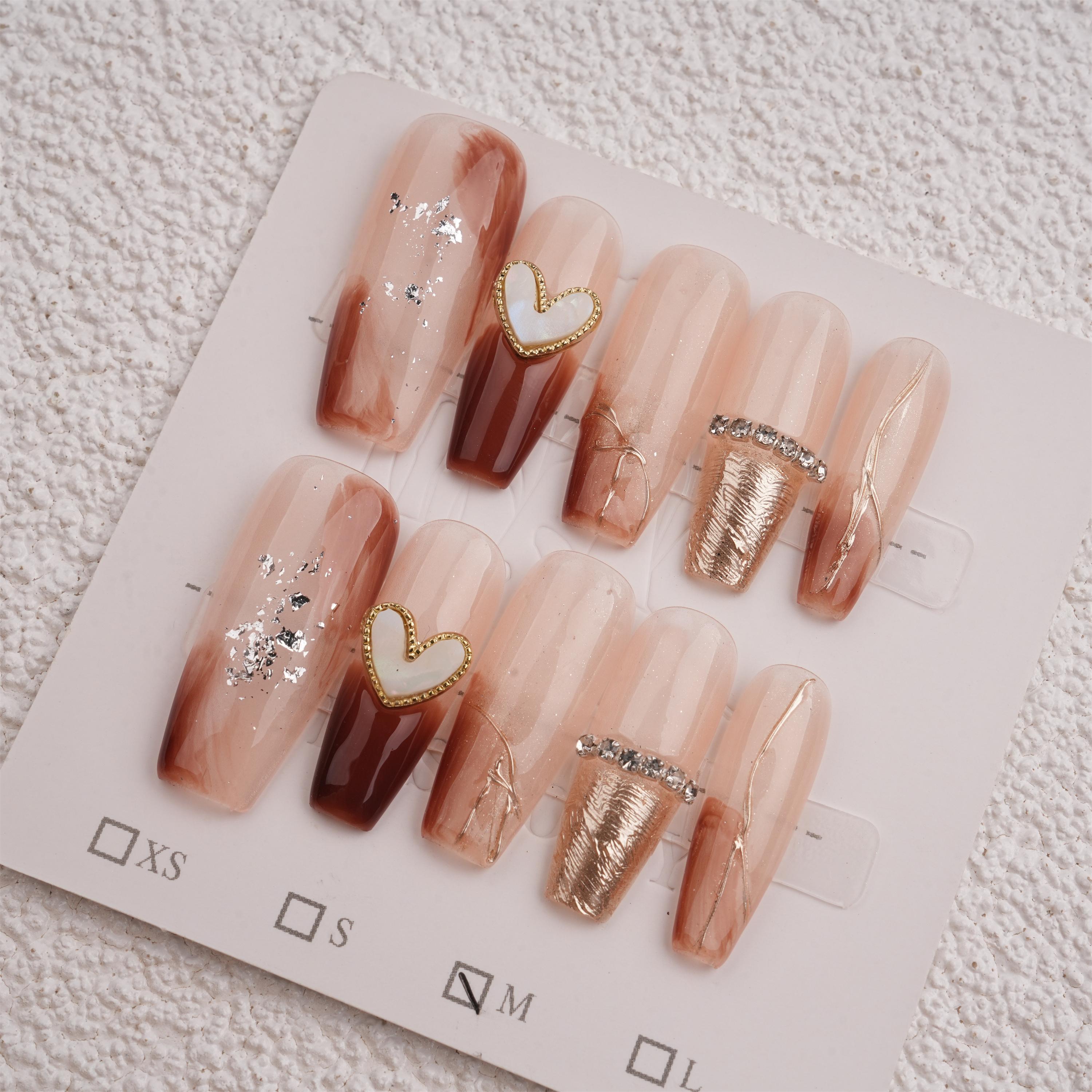 Luxury Ombre Brown Press On Nails With Rhinestones Charms,Long Coffin,Artist Faux Nails,Elegant Design for Everyday Wear,Birthday/Mother's Day Gifts