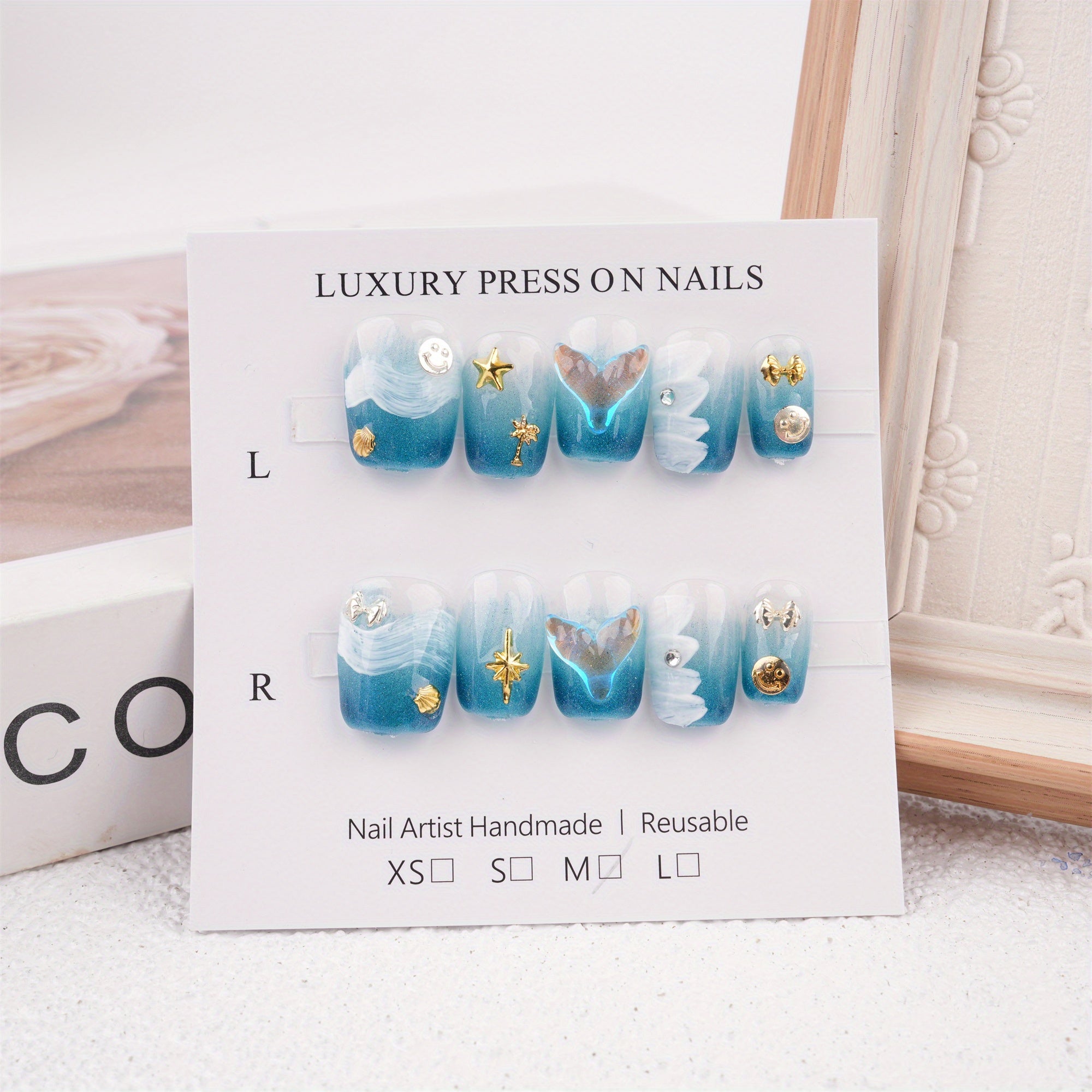 Summer Ocean Style Blue Short Coffin Press on Nails, Mermaid Pearl Stars Reusable Coffin Manicure, Birthday Party Gift