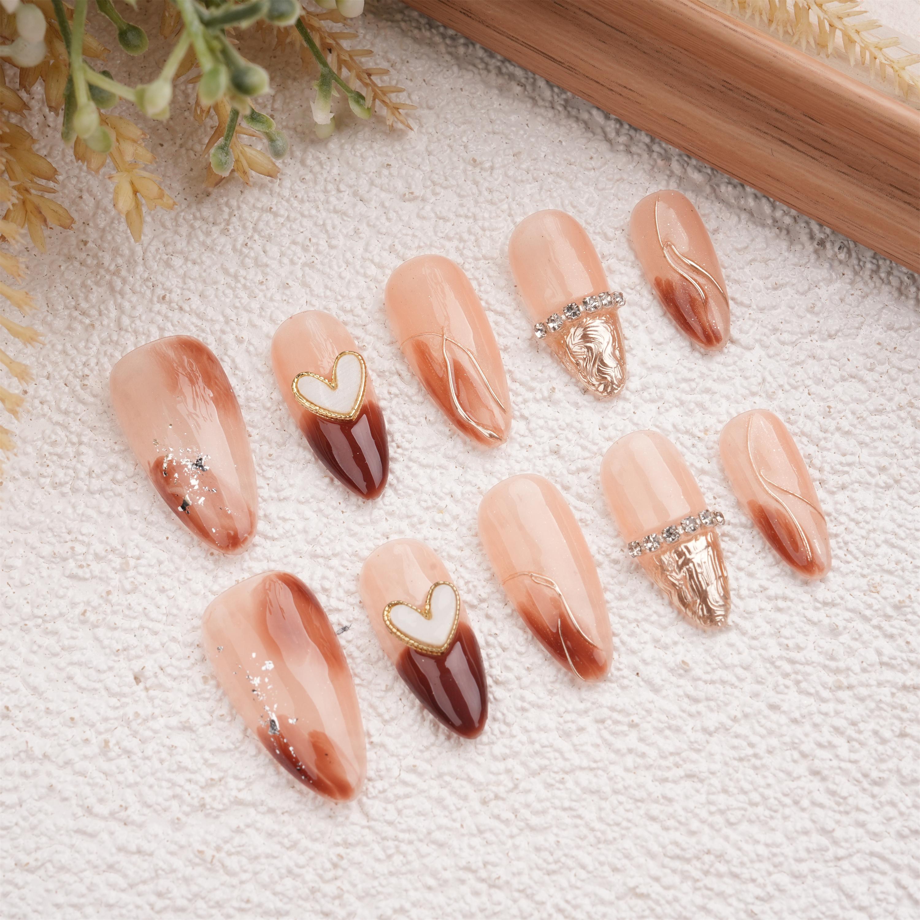 Elegant Handmade Blooming Amber Heart Press On Nails,Reusable Gel Manicure,Birthday/Mother's Day Gifts
