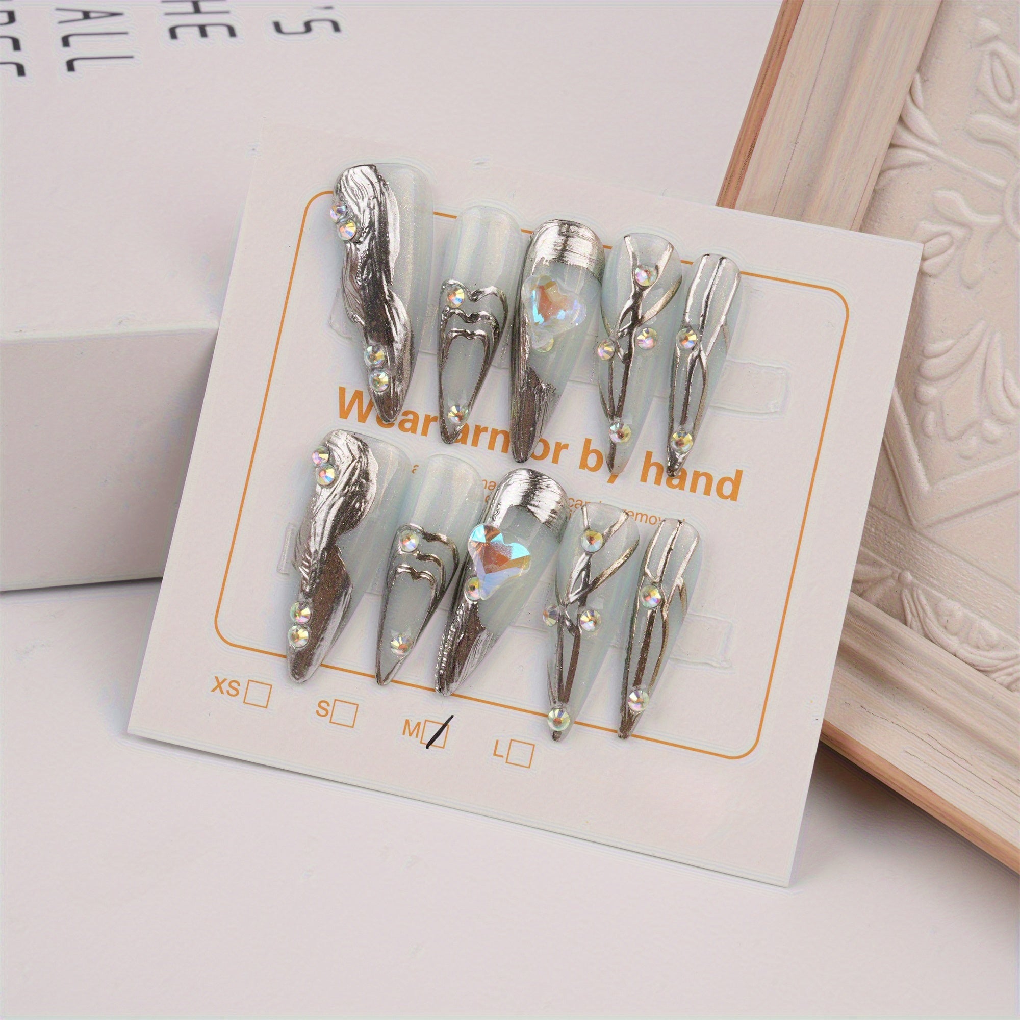 Silver Love Fake Diamond Long Stiletto Press on Nails, Party Birthday Luxury Nails, Line Blue Nails, Party Gift