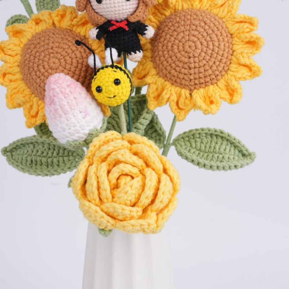 Handmade Crochet Sunflower Bouquet w/Graduation Doll,Cute Knitted Strawberry,Rose Daisy Bouquet,Best Graduation Gift For Friends,Besites