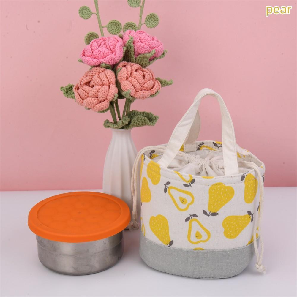 Orange/Strawberry/Apple/Pear Round Cotton Linen Insulated Lunch Bag, Premium Quality Drawstring Bag, Back to School