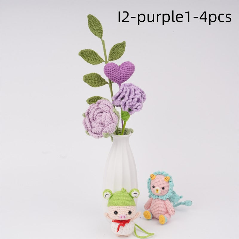 4PCS Handmade Crochet Flower Bouquet,Lily,Rose,Carnation,lily of the valley,Knitted Heart