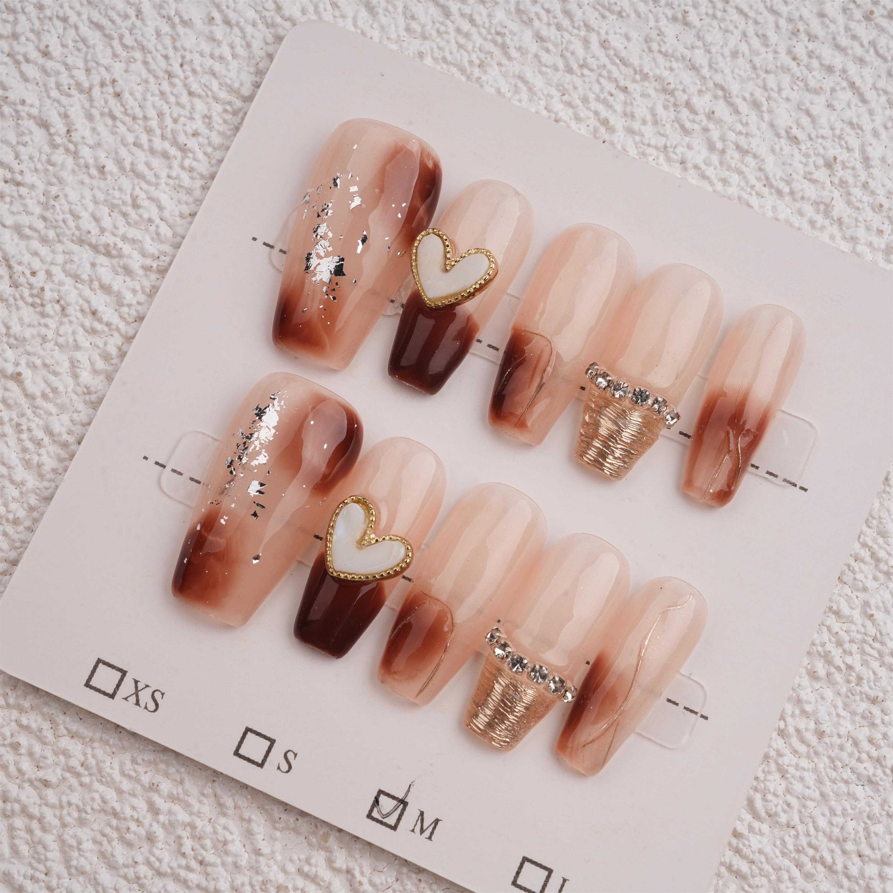 Handmade Heart Gold Foil Press on Nails,Medium Coffin