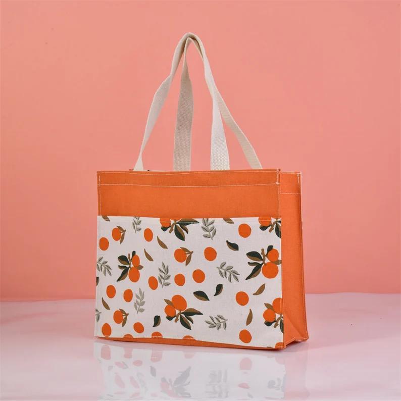 Size M Lemon/Avocado/Orange Linen Canvas Tote, Fruit Lunch Totes, Back to School