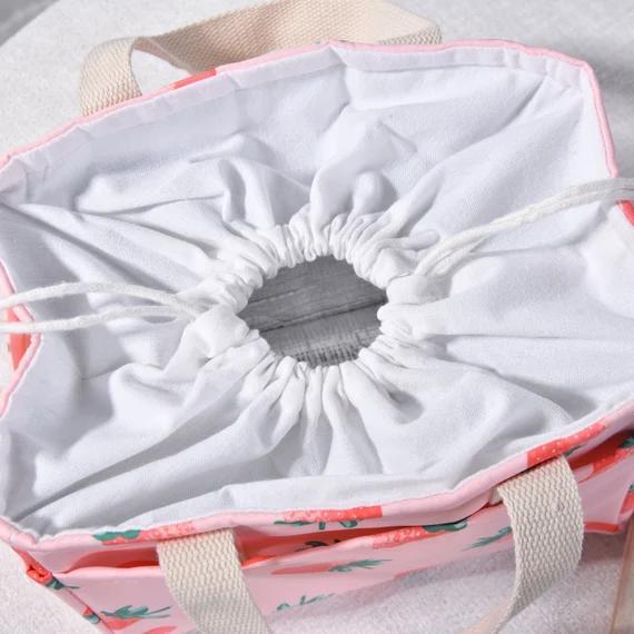 Handmade XL Pink Strawberry/Green Tableware Print Drawstring Lunch Bag w/Side Pockets