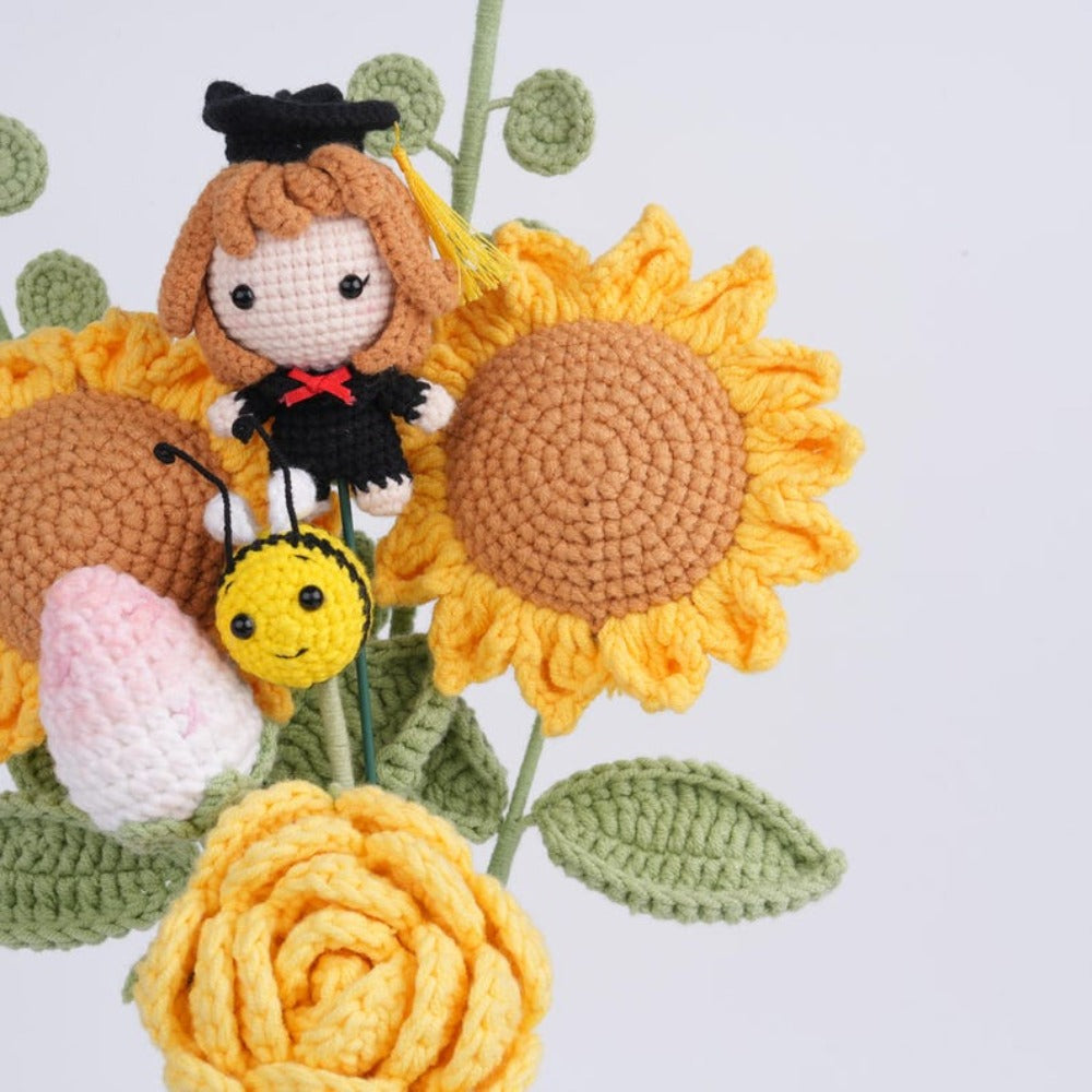 Handmade Crochet Sunflower Bouquet w/Graduation Doll,Cute Knitted Strawberry,Rose Daisy Bouquet,Best Graduation Gift For Friends,Besites