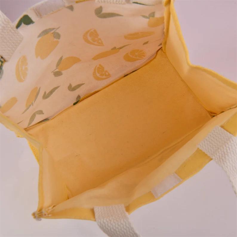Size M Lemon/Avocado/Orange Linen Canvas Tote, Fruit Lunch Totes, Back to School