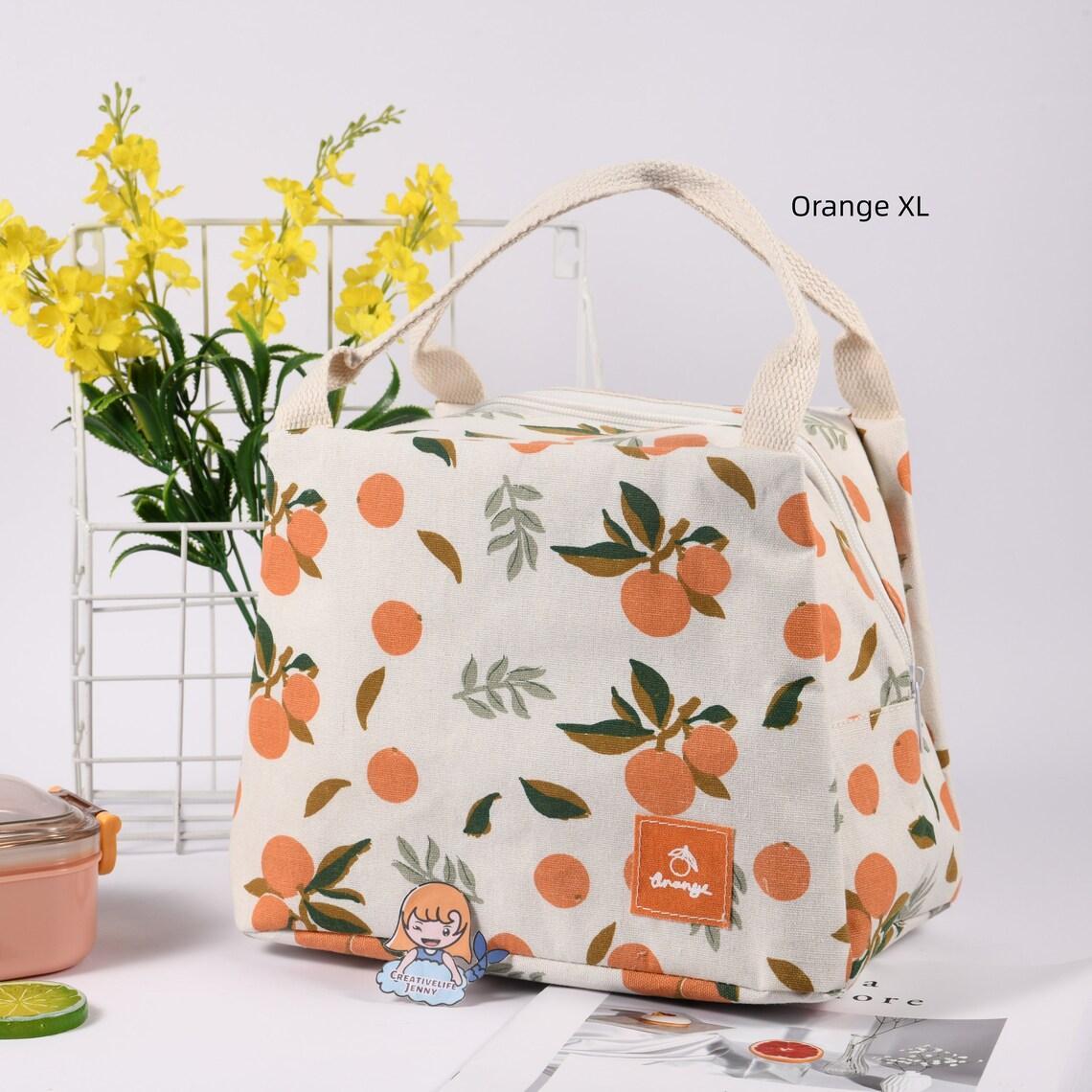 Size XL Orange/Avocado/Lemon/Peach Cotton Linen Insulated Lunch Bag, Premium Quality Zipper Bag, Back to School