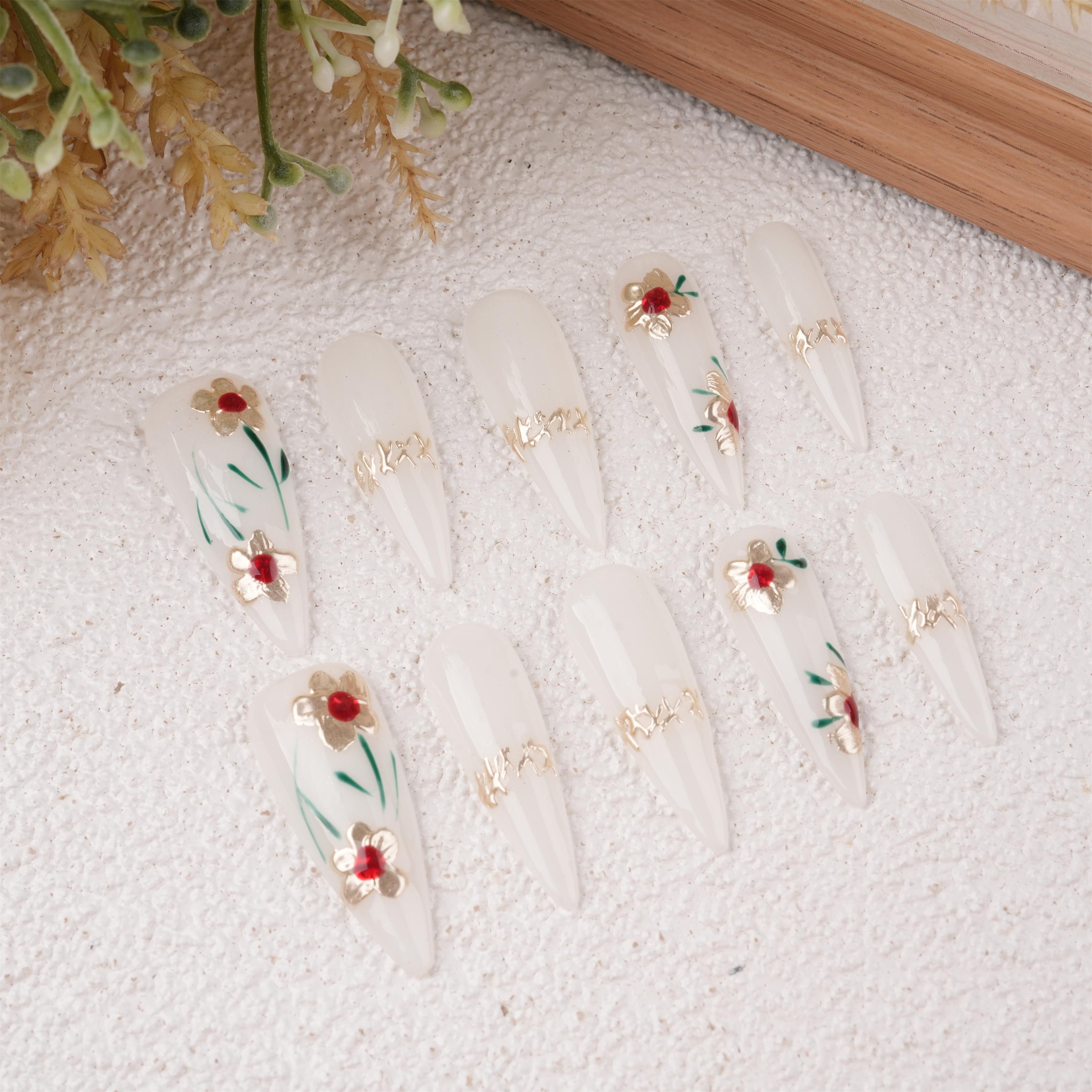 Diamond Floral Glossy Press On Nails,Long Stiletto,Y2K Trendy Style,Elegant Fake Manicure,Birthday/Mother's Day Gifts