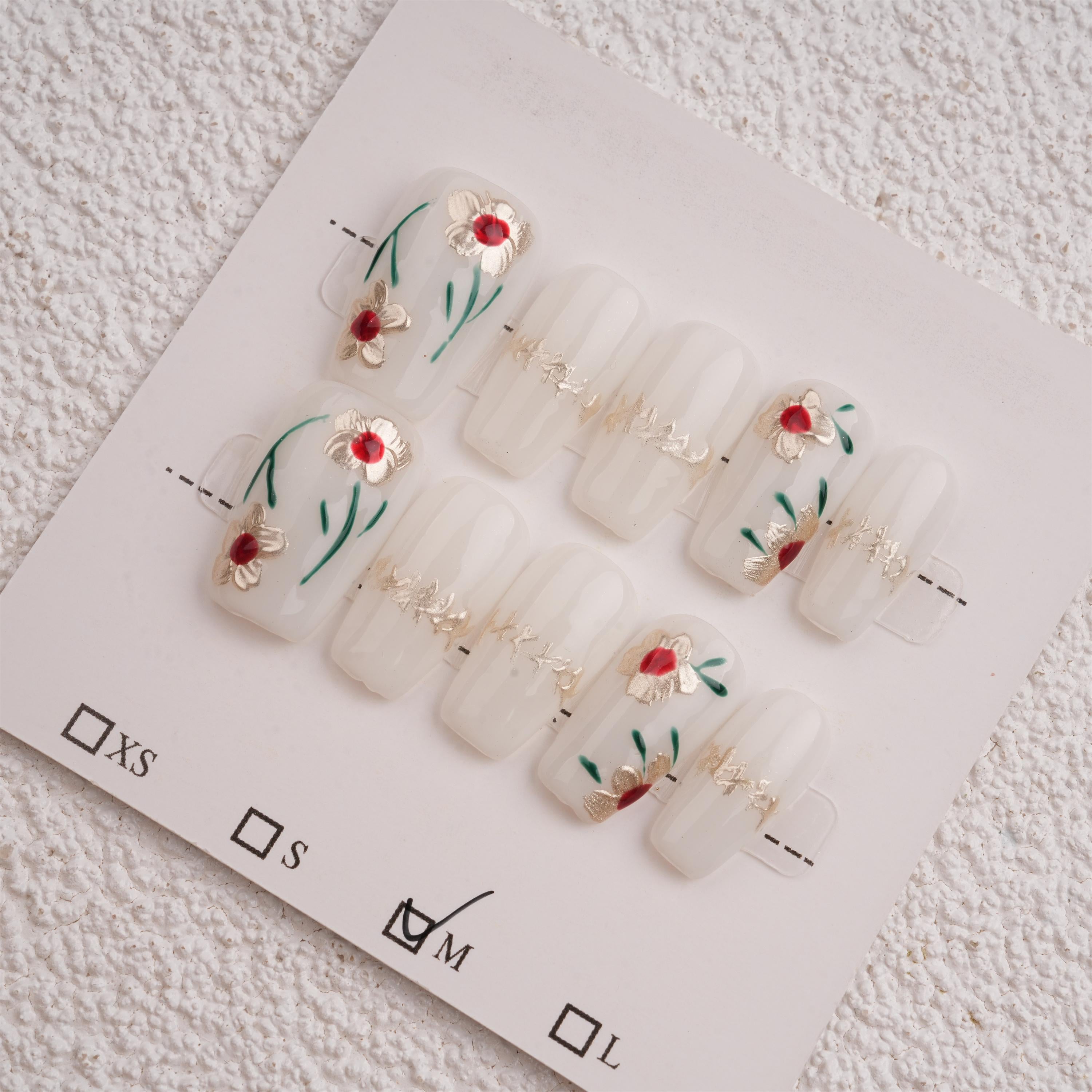 Handmade White Golden Floral Press On Nails,Short Coffin,Cute Fancy Manicure,Birthday,Mother's Day Gifts