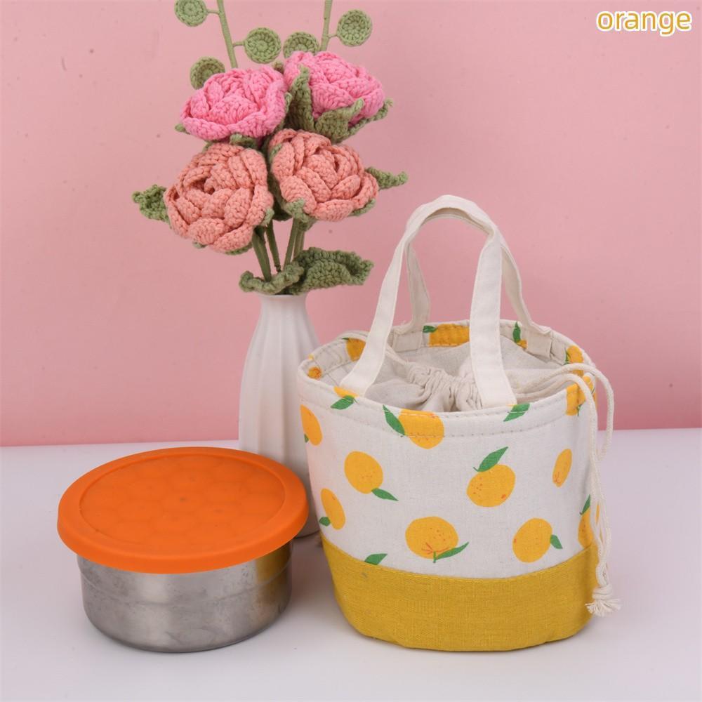 Orange/Strawberry/Apple/Pear Round Cotton Linen Insulated Lunch Bag, Premium Quality Drawstring Bag, Back to School