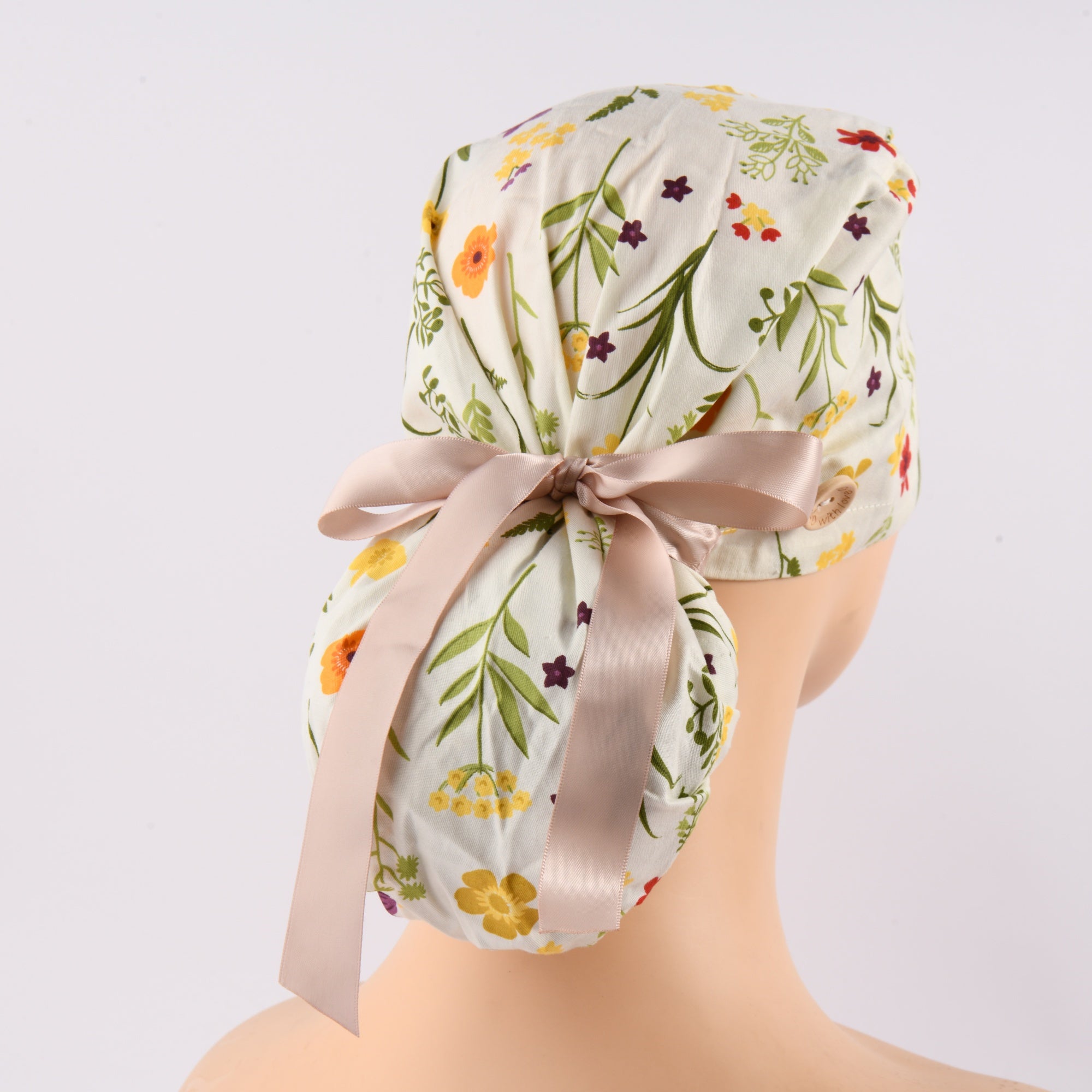 Women's Ponyatil Surgical Scrub Cap,Yellow Wildflowers on White Cotton