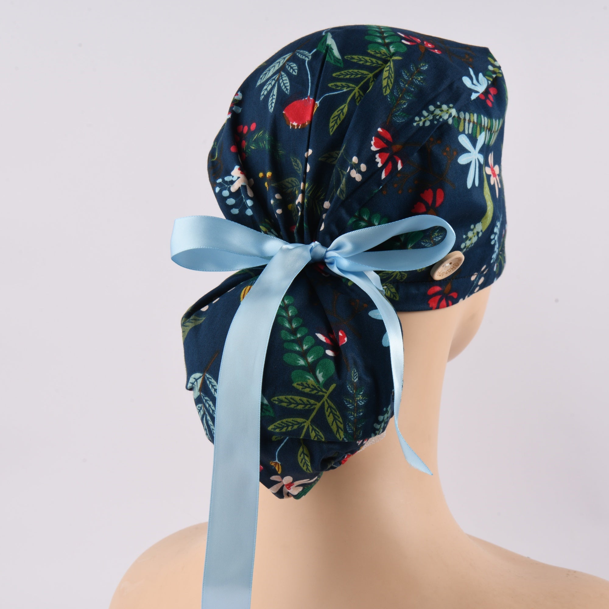 Navy Cotton Ponytail Scrub Cap, Red Flower & Green Plant Print,Blue Ribbon TIe