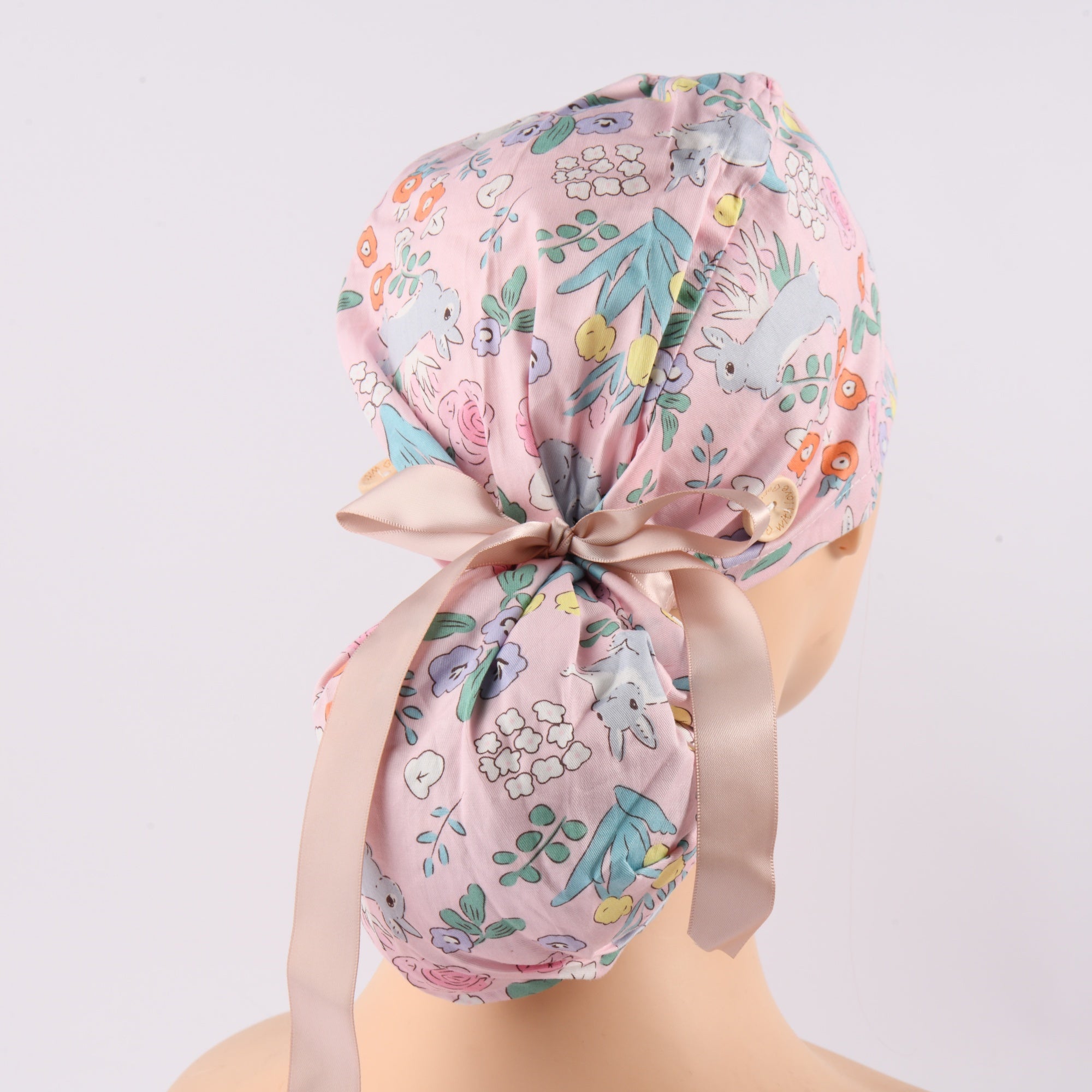 Pink Floral & Rabbit Cotton Ponytail Surgical Scrub Cap