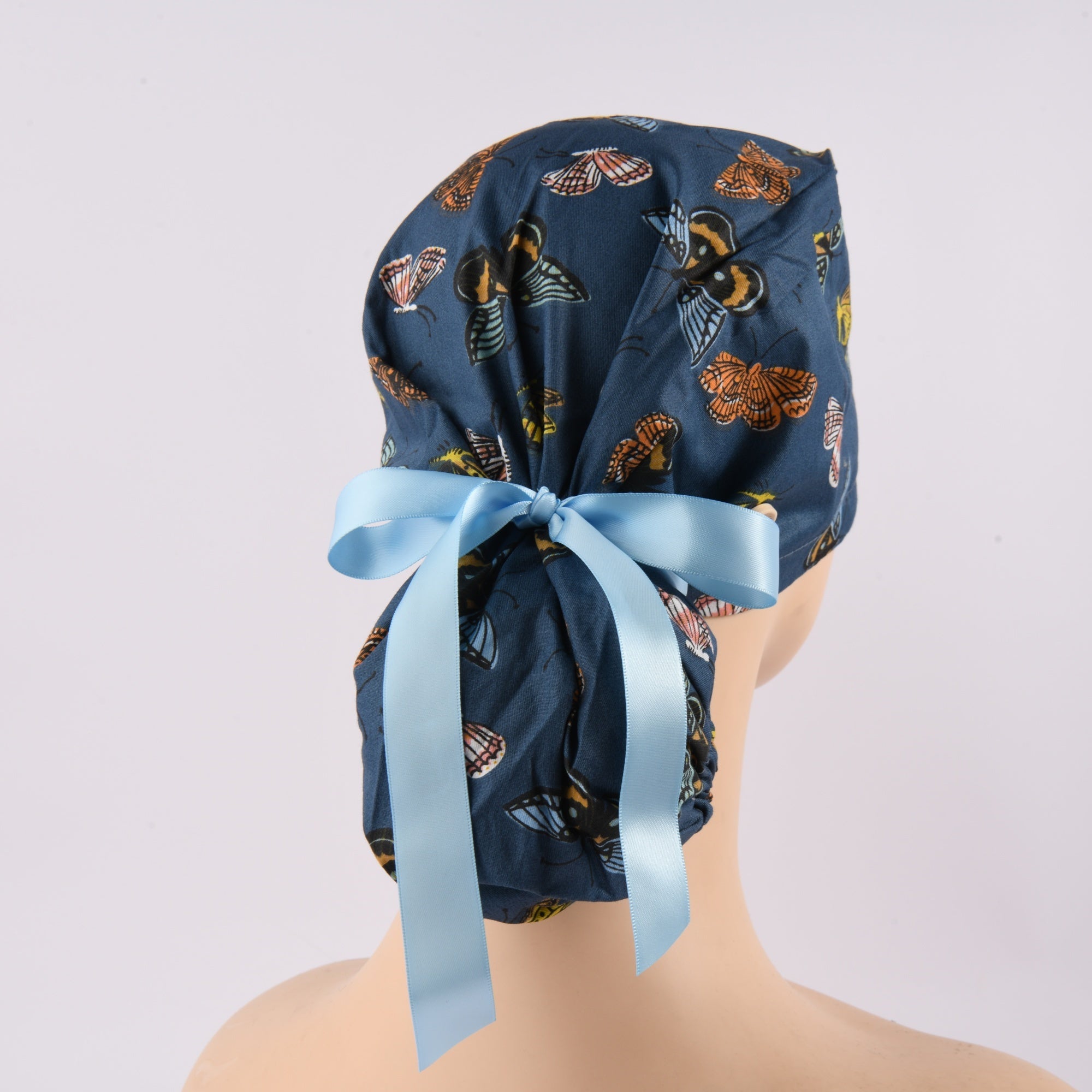 Navy Butterfly Ponytail Scrub Cap,Handmade Cotton Medical Cap