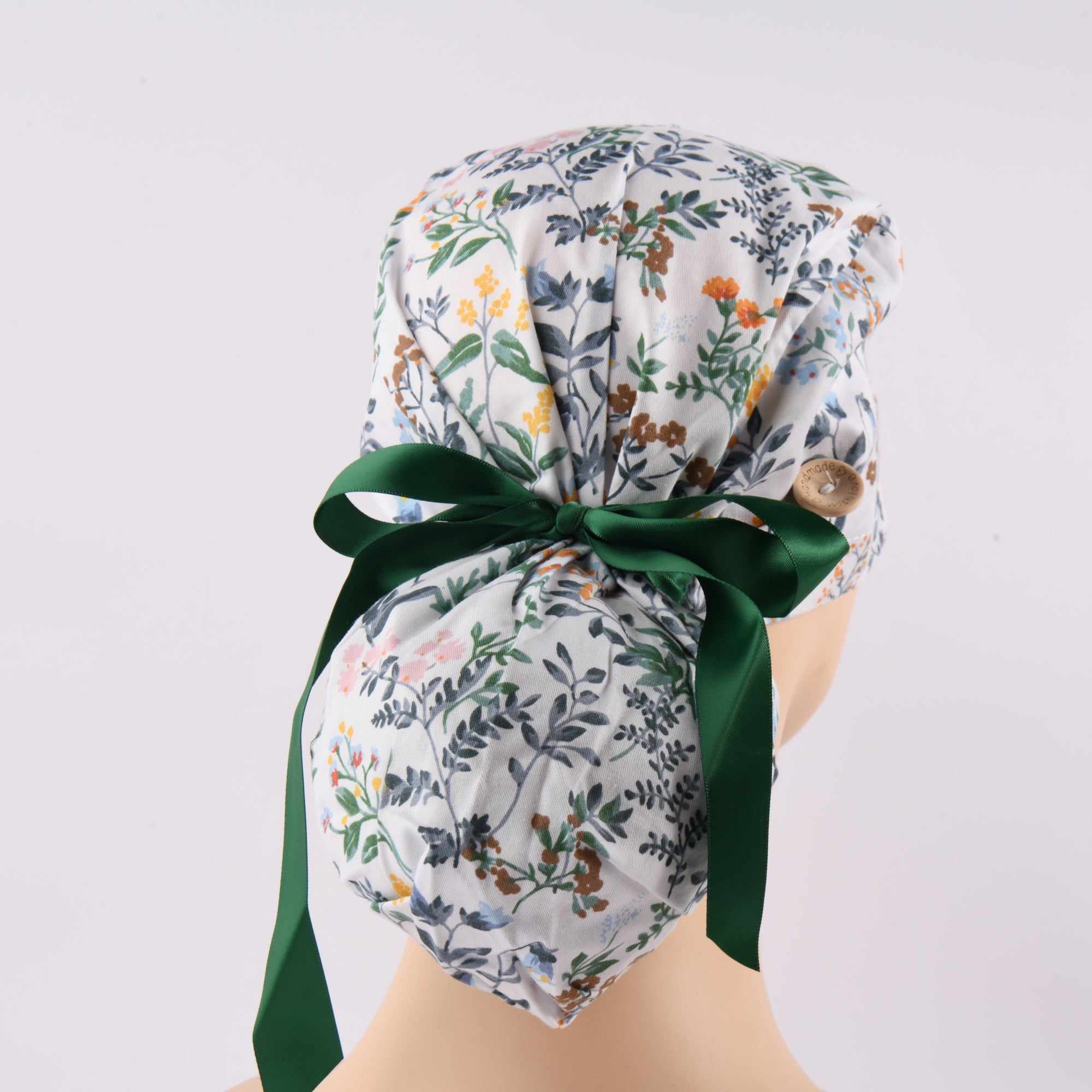 Flowers Plants Ponytail Scrub Cap with Green Ribbon Tie