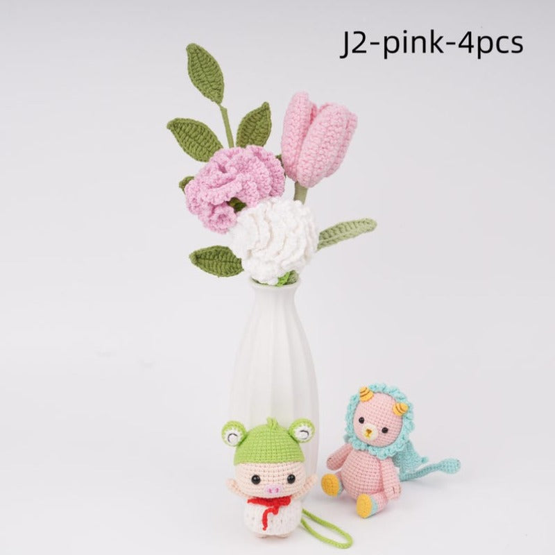 4/6PCS Handmade Crochet Tulip Rose Hydrangea Bouquet,Home Desk Decor