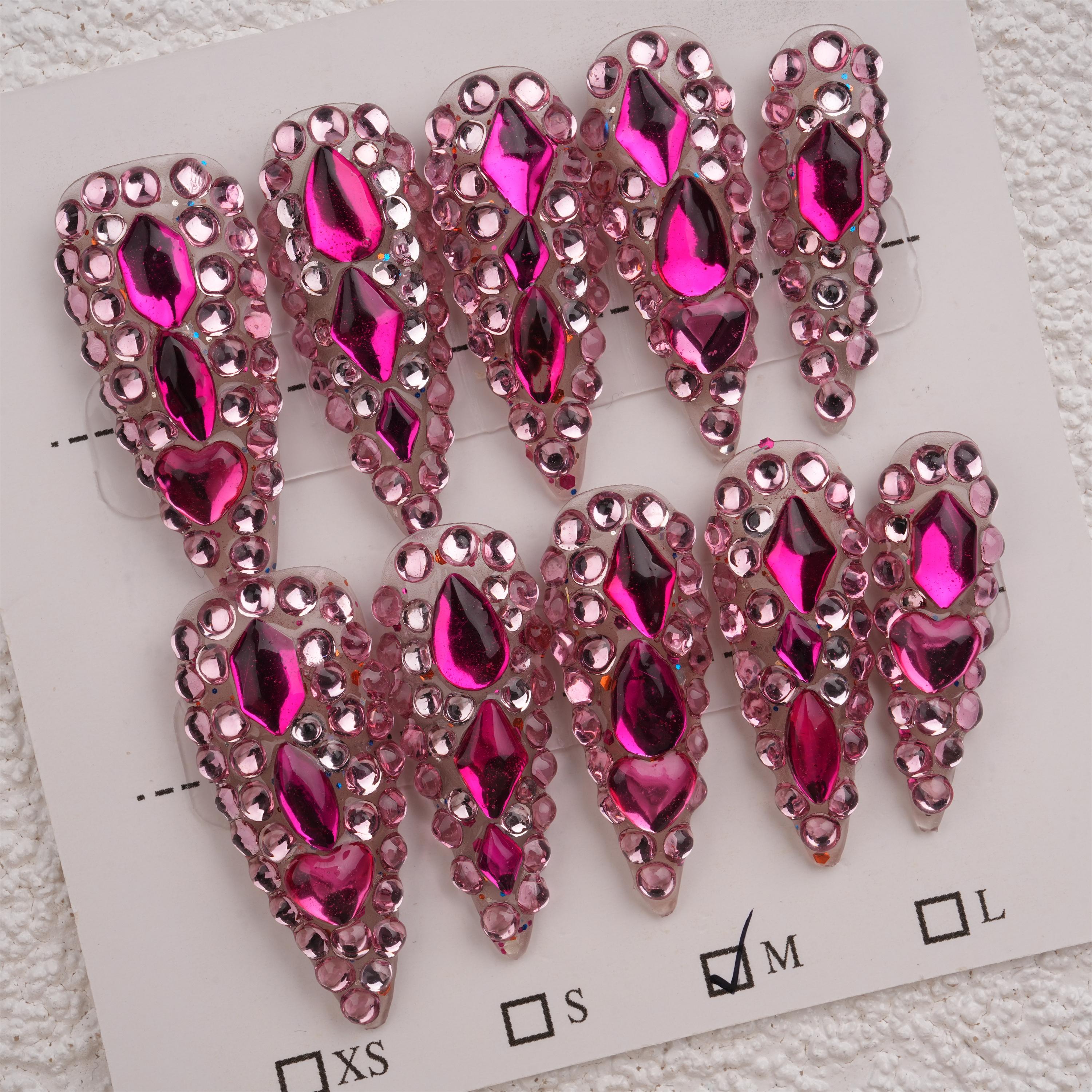Luxurious Handmade Fully-rhinestoned Stick-on Pink Long Stiletto Press On Nails, Reusable Premium Manicure,Birthday Gifts
