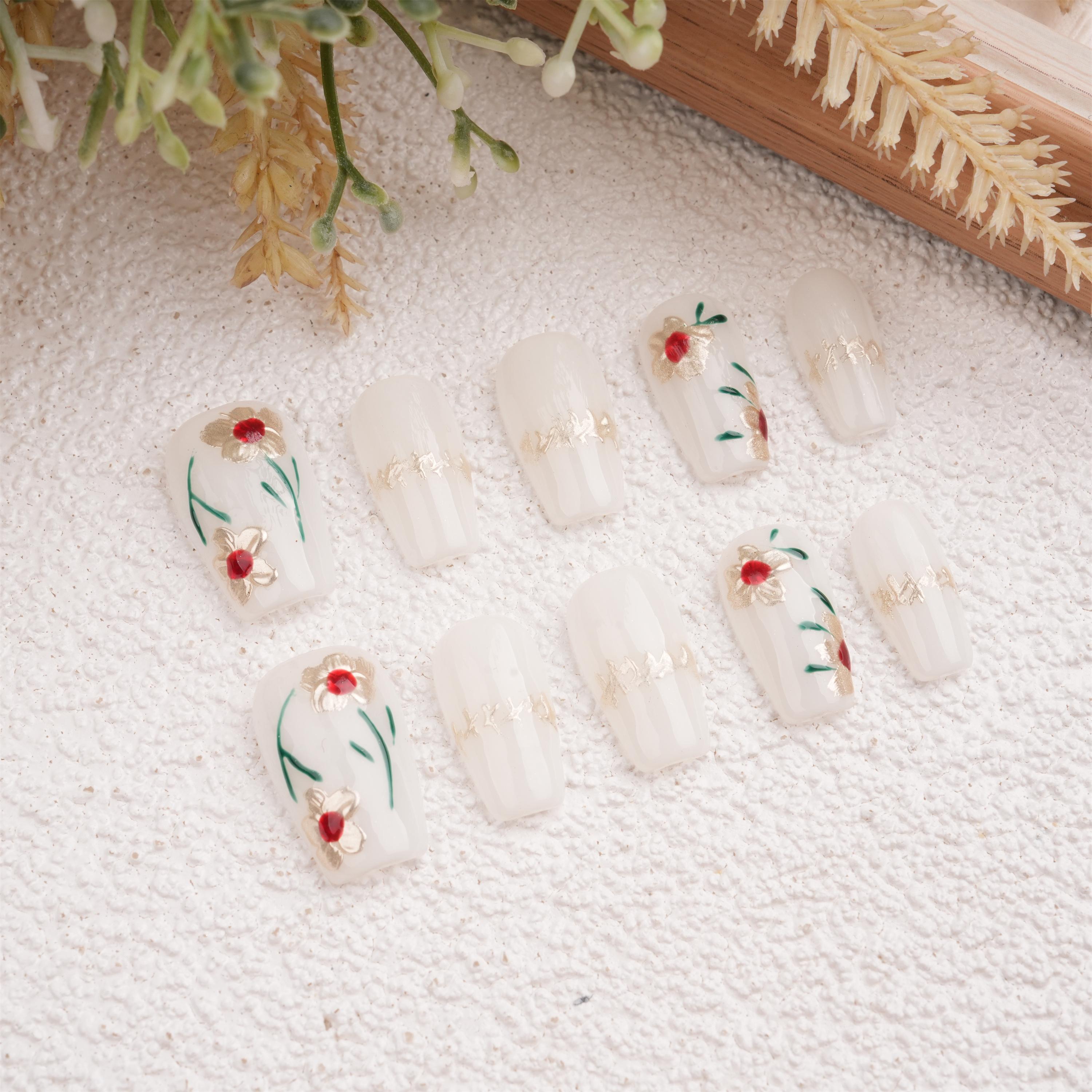 Handmade White Golden Floral Press On Nails,Short Coffin,Cute Fancy Manicure,Birthday,Mother's Day Gifts