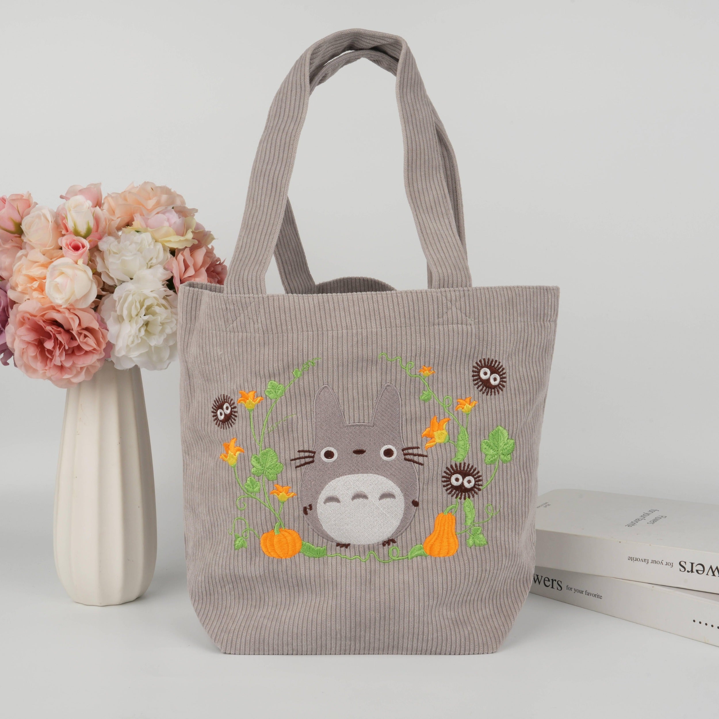 Handmade Embroidery Totoro Tote,Corduroy  Bag Aesthetic,Cute Anime Handbag,Personalized Birthday Gift