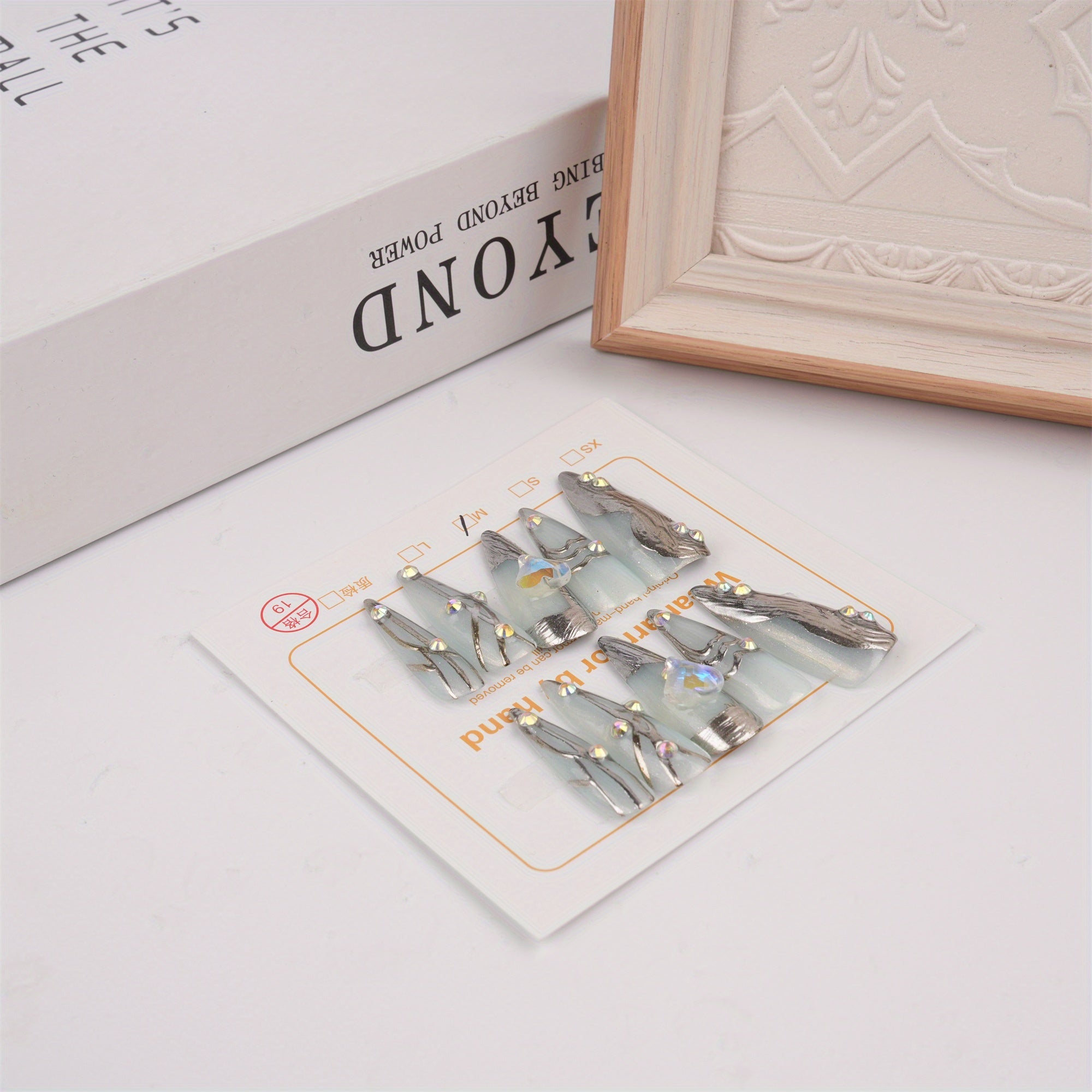 Silver Love Fake Diamond Long Stiletto Press on Nails, Party Birthday Luxury Nails, Line Blue Nails, Party Gift