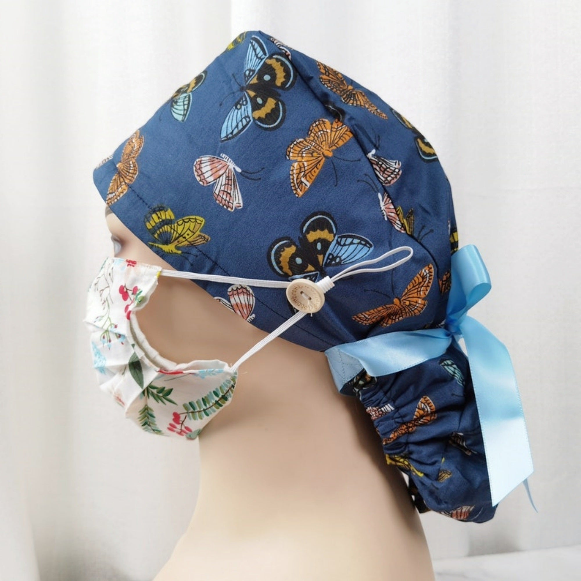 Navy Butterfly Ponytail Scrub Cap,Handmade Cotton Medical Cap