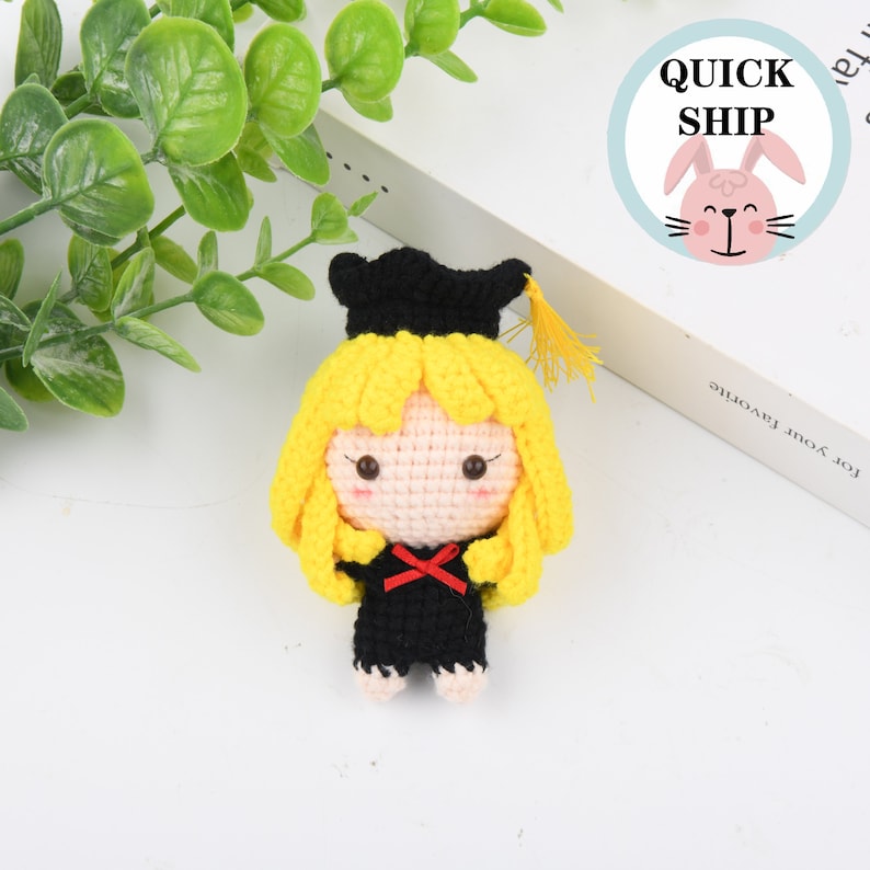 Handmade Crochet Graduation Doll,Brown/Black/Yellow Hair Doll,Gifts for Friends