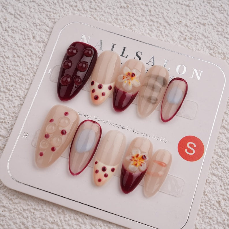White French Floral Almond Press On Nails,Handmade Nail for Holiday, Vacation, Birthday