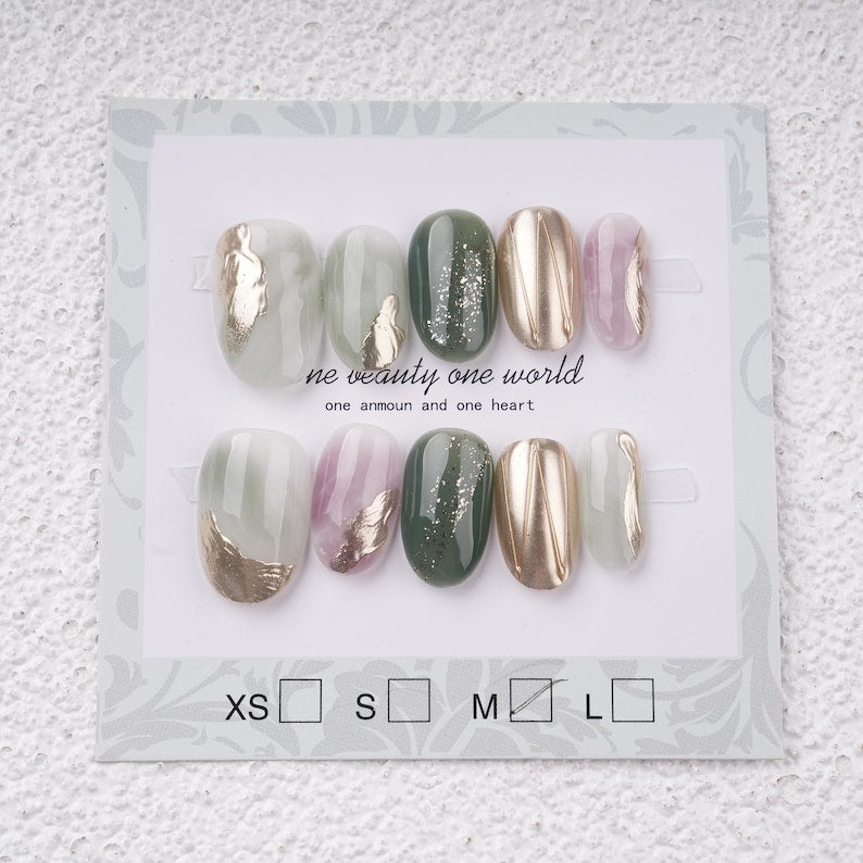 Green & Purple Marble Watercolour Smudge Almond Press on Nails,Vivid Gold Charms