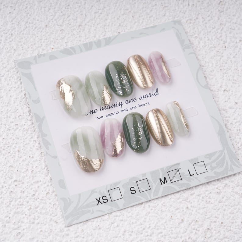 Green & Purple Marble Watercolour Smudge Almond Press on Nails,Vivid Gold Charms