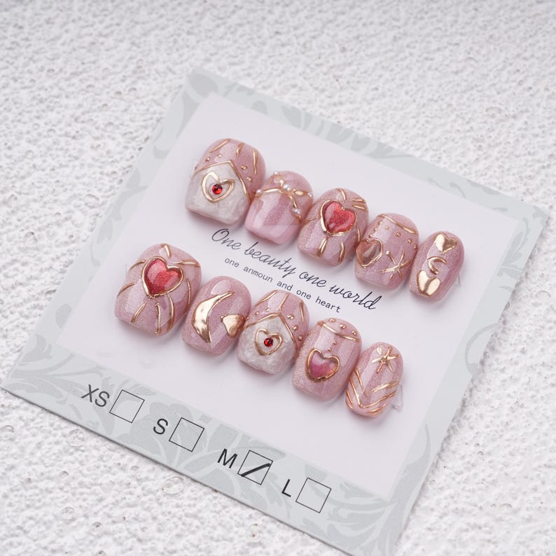 Pink Elegance Press On Nails,Gold Details,Star&Moon, Suitable for Wedding,Events or Gift