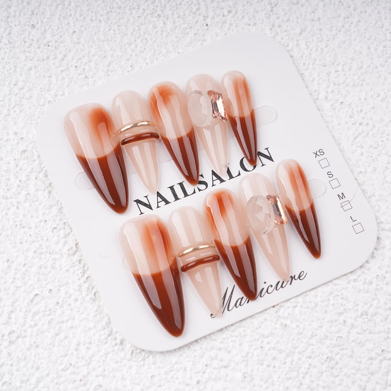 Luxury Crystal Diamond Long Stiletto Press On Nails, Custom Handpainted Pink Acrylic Fake Nails