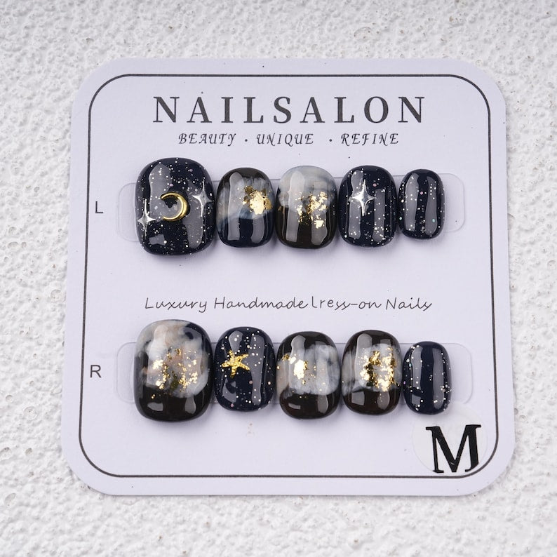 Black Marble Smudge Short Press on nails,Stars & Moons Fake Nails,Birthday Gifts