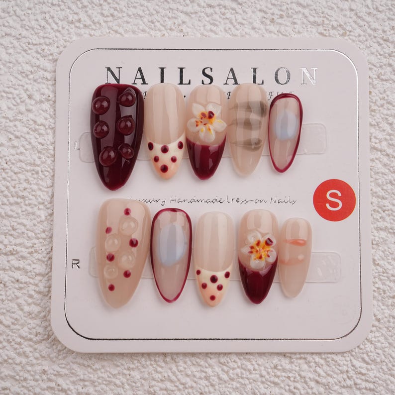 White French Floral Almond Press On Nails,Handmade Nail for Holiday, Vacation, Birthday
