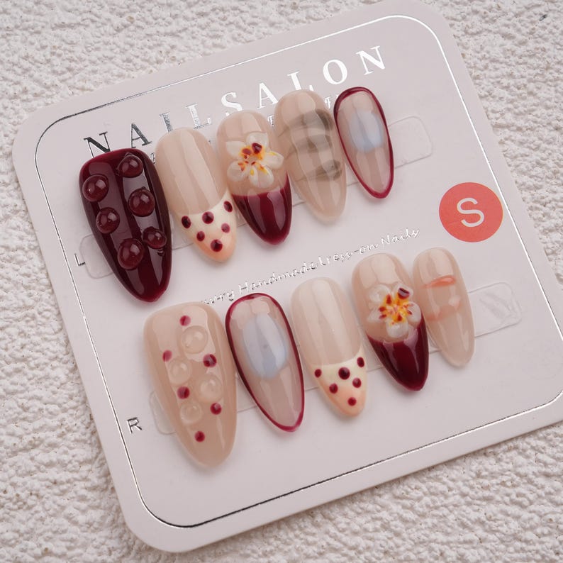 White French Floral Almond Press On Nails,Handmade Nail for Holiday, Vacation, Birthday