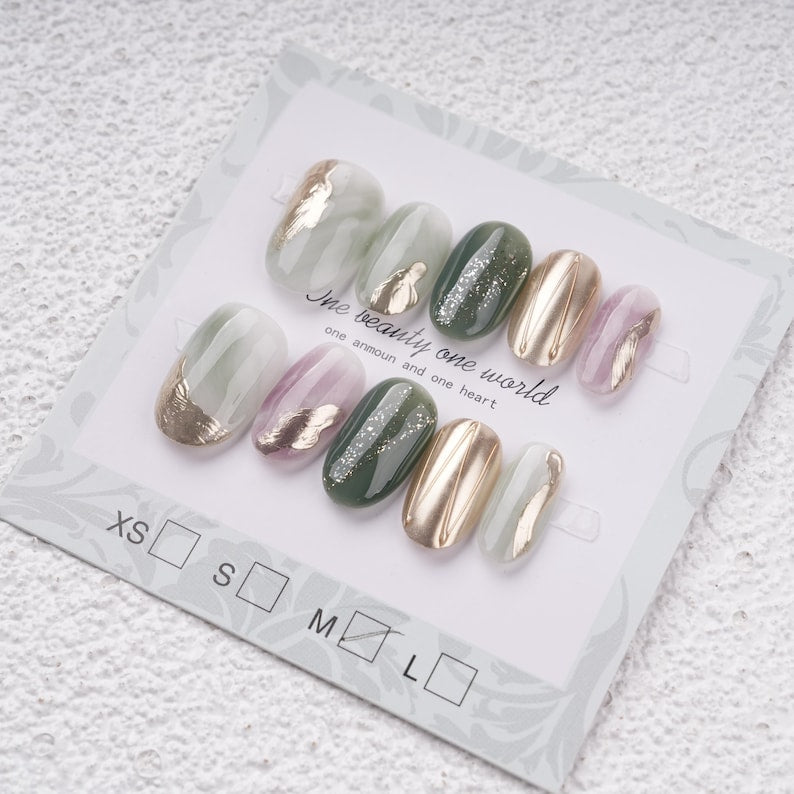 Green & Purple Marble Watercolour Smudge Almond Press on Nails,Vivid Gold Charms