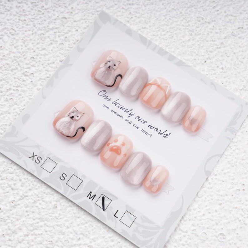 Popular Cats Hand Paint Press on Nails,Cute Trendy Nails,Reusable Nails,Kawaii Short Coffin Nails