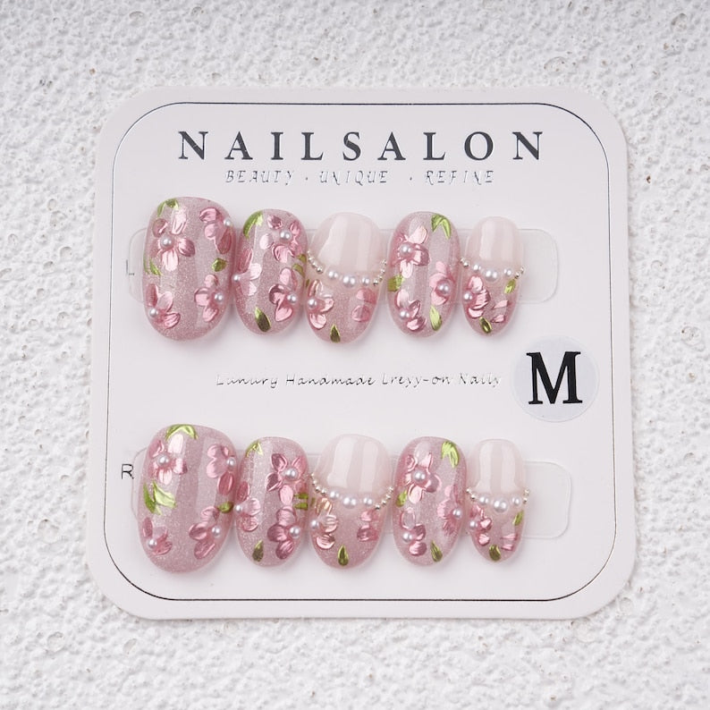 Delicate Purple Pearl Flowers Summer Short Oval Press On Nails,Artist Faux Nails, Reusable Premium Nail