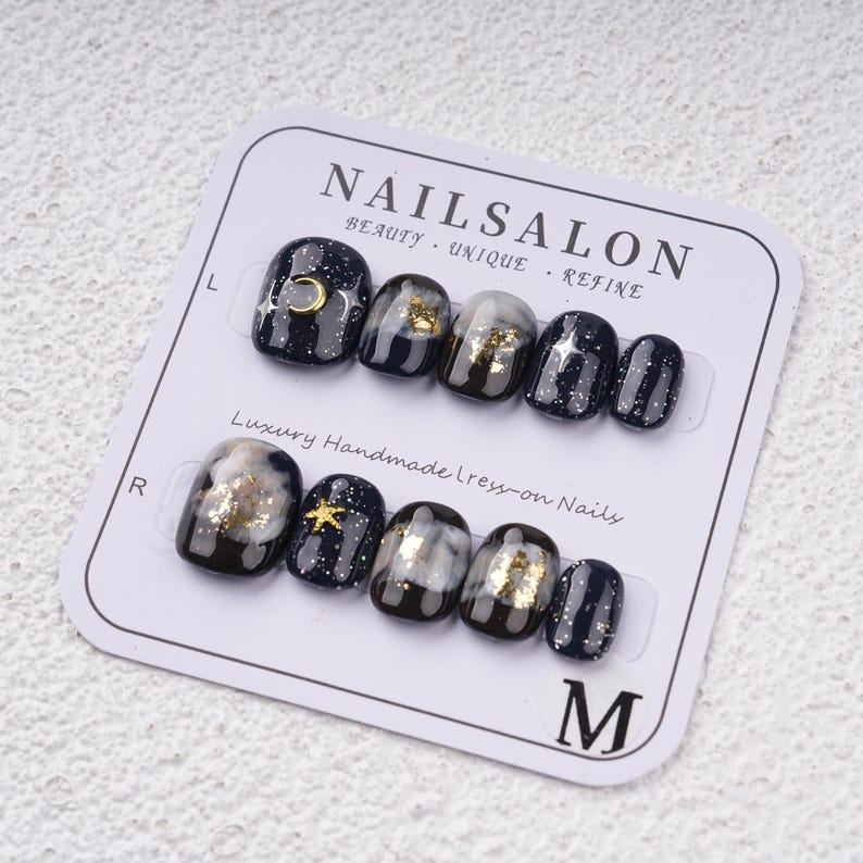 Black Marble Smudge Short Press on nails,Stars & Moons Fake Nails,Birthday Gifts