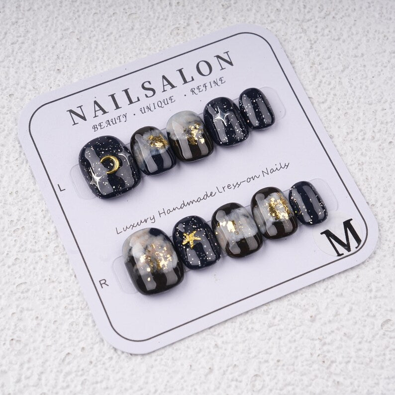 Black Marble Smudge Short Press on nails,Stars & Moons Fake Nails,Birthday Gifts