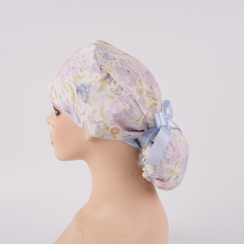 Watercolor Flower Bufferflies Ponytail Scrub Cap Sweatband & Buttons Lt.Purple Women Surgical Cap Dr Nurse Medical Hat Handmade