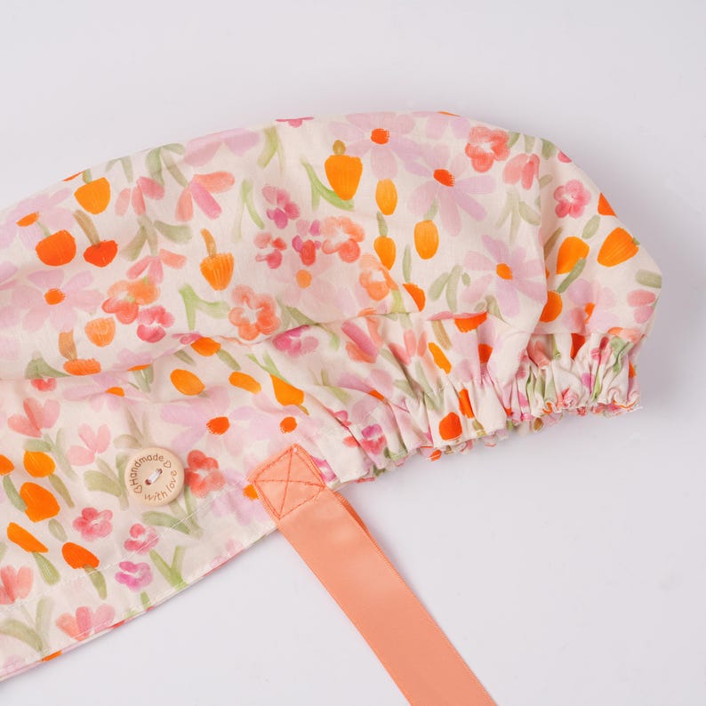 Orange Watercolor Flowers Scrub Cap Peachy Ribbon Ties Sweatband & Buttons Surgical Hat Women Ponytail Scrub Cap Brightly Fall