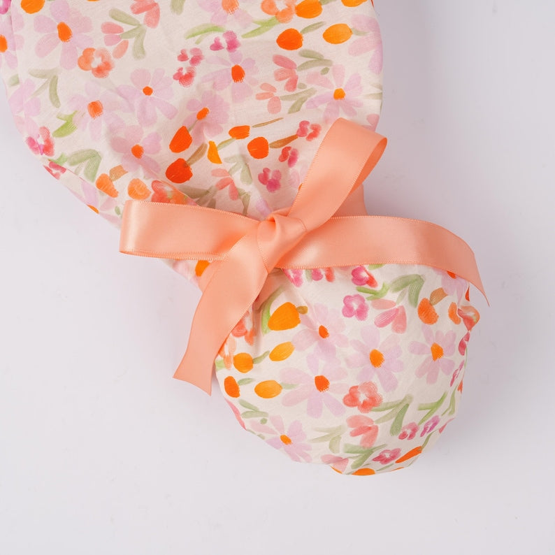 Orange Watercolor Flowers Scrub Cap Peachy Ribbon Ties Sweatband & Buttons Surgical Hat Women Ponytail Scrub Cap Brightly Fall