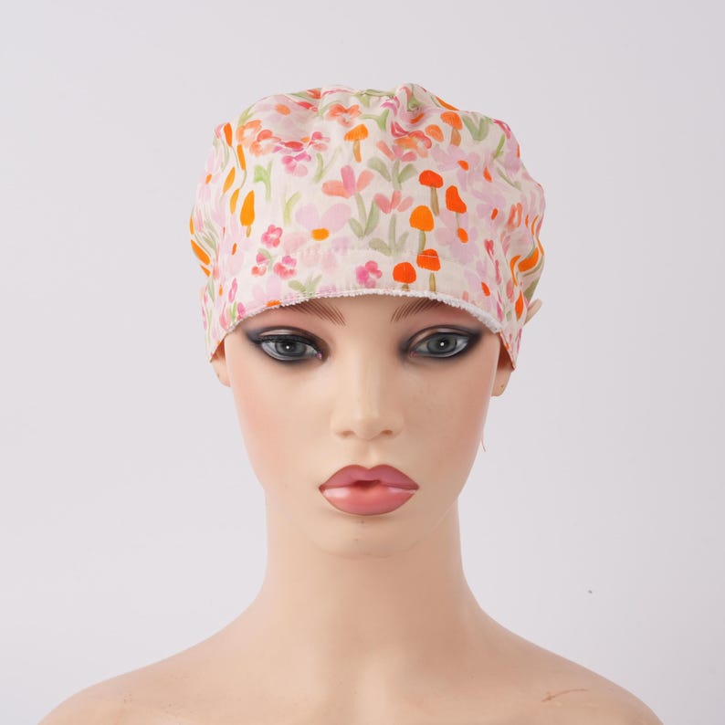 Orange Watercolor Flowers Scrub Cap Peachy Ribbon Ties Sweatband & Buttons Surgical Hat Women Ponytail Scrub Cap Brightly Fall