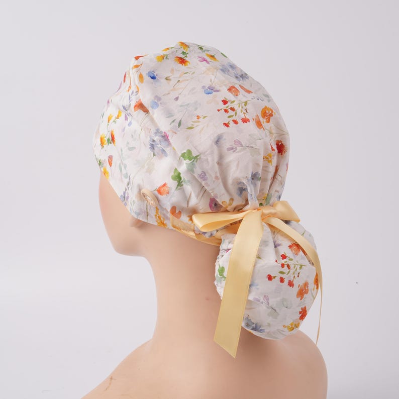 Watercolor Wildflowers Ponytail Scrub Cap, Surgical Hat with Buttons & Sweat Band, Women OR Hat, Autumn Scrub Cap