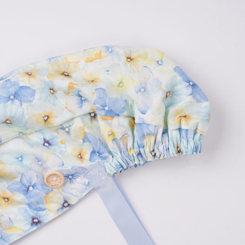 Women Ponytail Scrub Cap Yellow & Blue Pastel Floral Surgical Cap with Sweatband Buttons Dr Nurse Handmade OR Hat