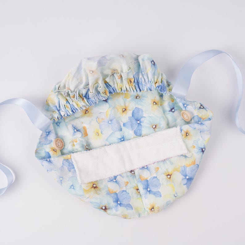 Women Ponytail Scrub Cap Yellow & Blue Pastel Floral Surgical Cap with Sweatband Buttons Dr Nurse Handmade OR Hat