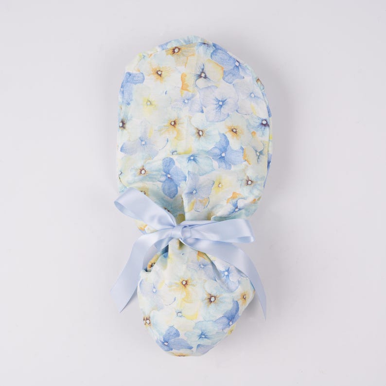 Women Ponytail Scrub Cap Yellow & Blue Pastel Floral Surgical Cap with Sweatband Buttons Dr Nurse Handmade OR Hat